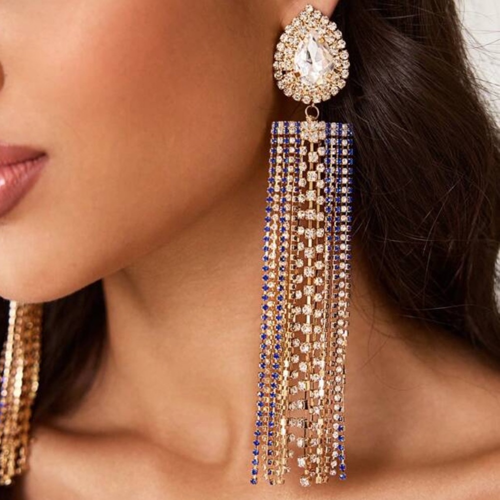 New Elegant Gold and Blue rhinestone Dangle Earrings